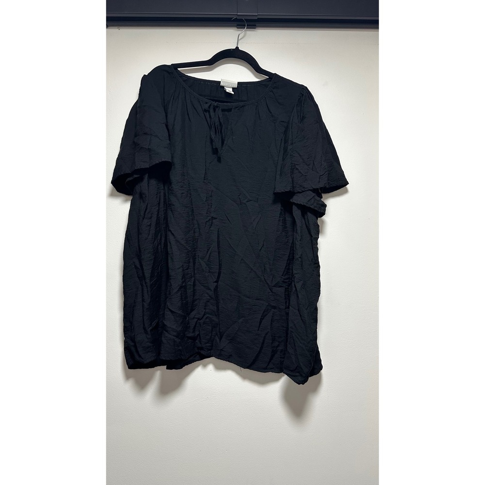 Ava & Viv Womens 2X Black Flutter Sleeve Tie Neck Textured Blouse Top